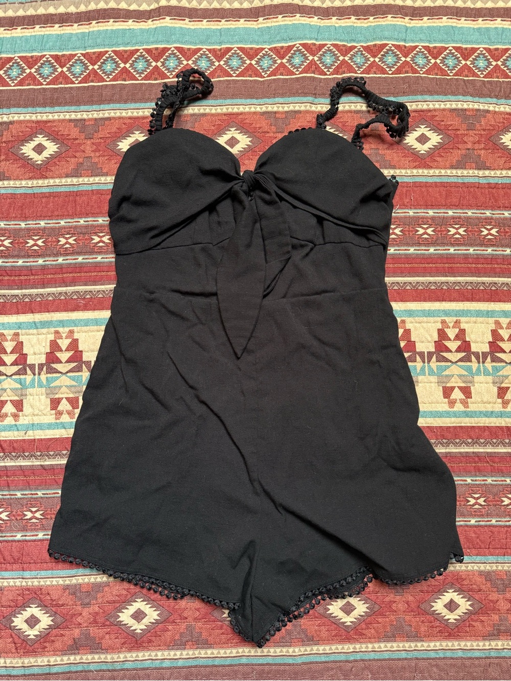 MAJORELLE Black Tie-Front Lace-Trim Romper size medium